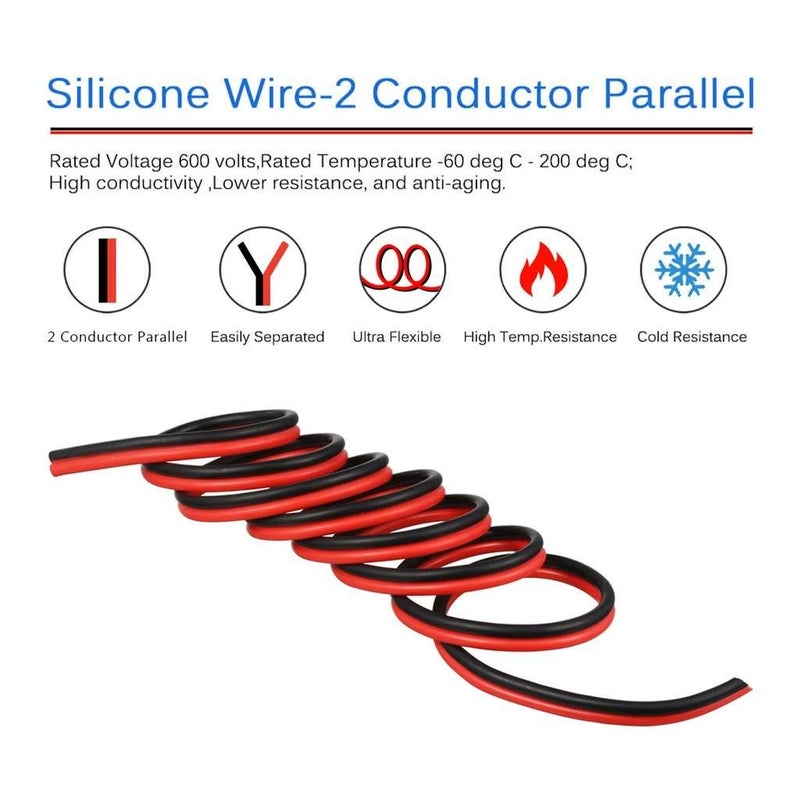 BNTECHGO 12 Gauge Flexible 2 Conductor Parallel Silicone Wire Spool Red Black High Resistant 200 deg C 600V for Single Color LED Strip Extension Cable Cord,Model,50ft Stranded Tinned Copper Wire - Image 4